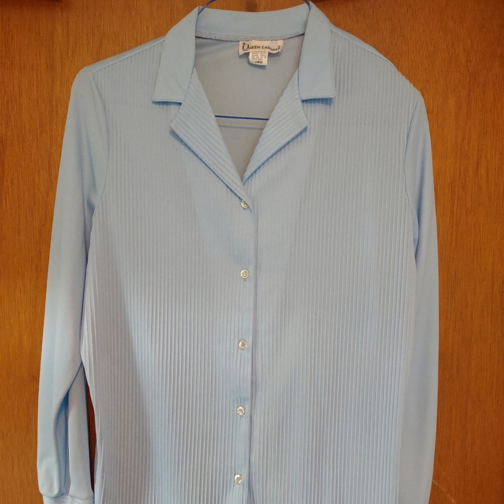 🌷‼️5/$20Queen Casuals Textured Stripe Button Long Sleeve Collard Blue Blouse Lg